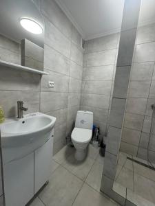 a bathroom with a white toilet and a sink at YarNika in Berehove