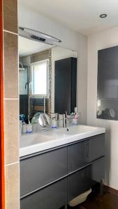 a bathroom with a large sink and a mirror at Chambre MELUSINE in Néant-sur-Yvel