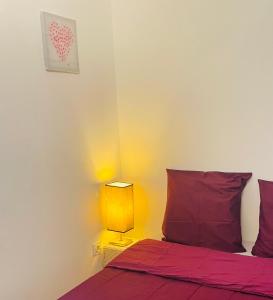 a bedroom with a bed with purple sheets and a lamp at T2 Cosy avec jardin et parking gratuit à Troyes in Troyes +7 photos
