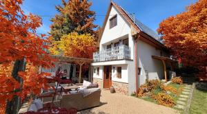 ein weißes Haus mit einer Veranda und einer Terrasse in der Unterkunft Chillinn Bikavér Cottage Eger in Eger