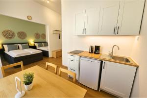 a kitchen and a living room with a bed in a room at LUMA Apartments in Dresden