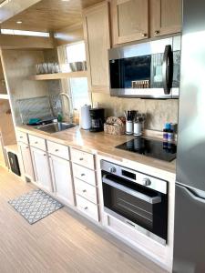 グランドジャンクショ​​ンにあるSecluded Tiny House Oasis in Grand Junction Perfect for Experiencing Nature in Comfortのシンクとコンロのあるキッチン トップオーブン
