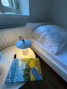a book on a table next to a bed with a lamp at Apartmán Husova in Prachatice