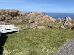 a white bench sitting on the grass near the ocean at Apartment Drude - 50m from the sea by Interhome in Allinge