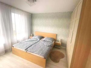 a bedroom with a bed in a room with a window at Apartmán P121 in Trnava