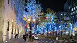 a city street with christmas lights on trees at Yukiya in Osaka