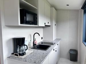 a kitchen with a sink and a microwave at Chalet Tiny & Campagne in Onnion
