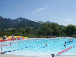 a large swimming pool with people in the water at Chalet Tiny & Campagne in Onnion