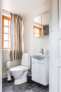 a white bathroom with a toilet and a sink at Franshammars vandrarhem in Hassela