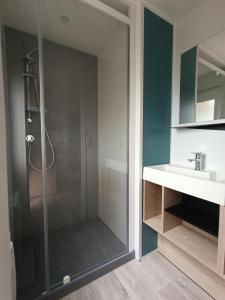a shower with a glass door in a bathroom at Mobil-home neuf sous les pins, à proximité des infrastructures in Saint-Julien-en-Born