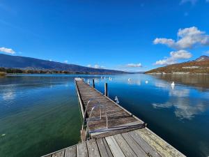 a dock on a lake with swans on the water at Studio Vue sur le Lac d'Annecy Plage et Parking Privés in Duingt