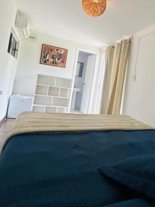 een slaapkamer met een groot bed met een blauwe deken bij Posada Punta del Este in Punta del Este