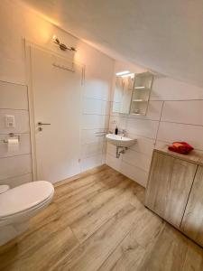 a white bathroom with a toilet and a sink at Ferienhaus Lisbeth in Edesheim