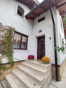 a front door of a house with stairs and flowers at Casa Paul in Craiova