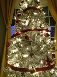 ein weißer Weihnachtsbaum mit Lichtern in der Unterkunft Casa Quercus Galicia a 17 minutos de Compostela! in A Estrada
