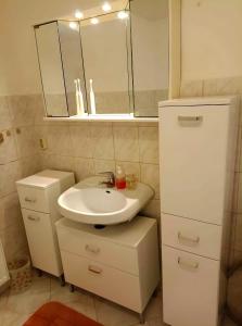 un baño con lavabo y espejo en Gästehaus, en Neustadt