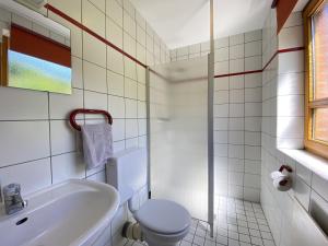 ein weißes Badezimmer mit Toilette und Waschbecken in der Unterkunft Natur Ferienpark 27 - Ferienhaus Typ A in Nieheim + 7 Fotos