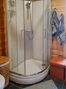 a shower with a glass door in a bathroom at Charming Small Cabin At The Top Of Blefjell in Flesberg