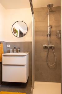 a bathroom with a sink and a shower with a mirror at Heimbi-Home No 4, 4 People, EuropaPark, E-Ladesäule in Kappel-Grafenhausen