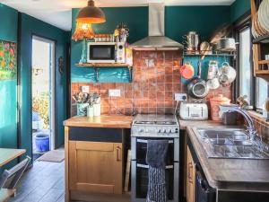 een keuken met groene muren en een fornuis bovenste oven bij The Peacock Roost - Uk46297 in Brynkir