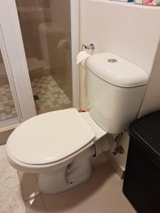 a white toilet in a bathroom with a shower at Naledi Holiday Apartment in Durban +37 photos