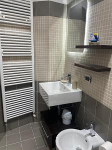Un baño con un lavabo blanco y un inodoro. en Ca' Dei Sassi, en Sequsino