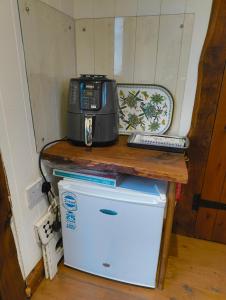a microwave on a table on top of a refrigerator at Y Cwtch in Trefeglwys