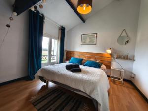 a bedroom with a bed with blue pillows and a window at La Bastide Girondine in Saint-Loubès +41 photos