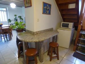 een keuken met een aanrecht met een magnetron en een koelkast bij Gite Chez Balum - 1 proche Lourdes in Lézignan