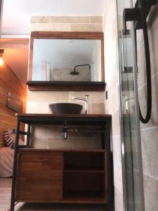 une salle de bain avec un lavabo et un miroir dans l'établissement Lou Cabanot 640 portes du Bassin, à Le Barp 15 autres photos