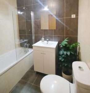 ein Badezimmer mit Toilette, Waschbecken und Dusche in der Unterkunft Douro Valley Private Terrace & Lounge in Armamar