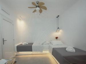 een slaapkamer met twee bedden en een plafondventilator bij Super views in Mykonos in Panormos Mykonos