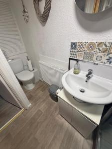 a bathroom with a sink and a toilet at Harbour View Ground Floor Flat with Private Parking, only 5 Mins walk to harbour in Brixham +41 photos