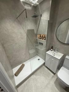 a bathroom with a shower and a toilet and a sink at Warmsworth Mews in Warmsworth