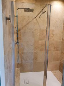 une douche avec une porte vitrée dans une salle de bain dans l'établissement villa Droizy, à Droizy 25 autres photos