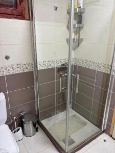 um chuveiro com porta de vidro em um banheiro em ZlatniBor House em Vodice mais 11 fotografias