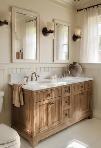 a bathroom with a wooden sink and a mirror at Mountain Sky Stay in Aspen