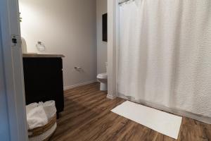 a bathroom with a shower curtain and a toilet at Luxury Apartment Home in Mission +10 photos