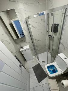 a white bathroom with a shower and a toilet at Central London room w kitchen in London