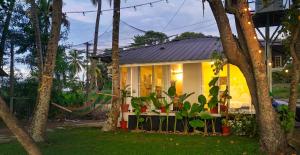 a house in the middle of a yard with trees at Lakefront 1 BR Cabin with Lake access & Hammock in Kollam