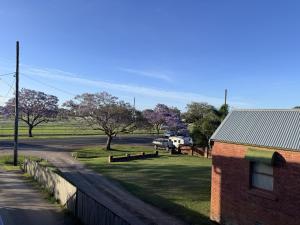 グラフトンにあるApartments on Turf Unit 4の木々が生い茂る道路沿いのレンガ造りの建物