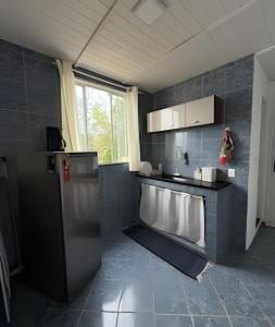 サン・ペドロ・ダ・アルデイアにあるApartamentos São Pedro da Aldeiaのグレーのタイルを用いたキッチン(ステンレス製の電化製品付)