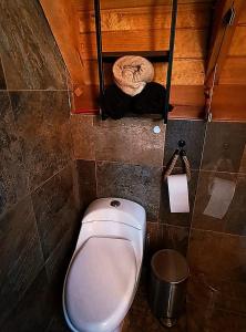 a small bathroom with a toilet and a trash can at Cabaña Familiar in Jilotepec +17 photos