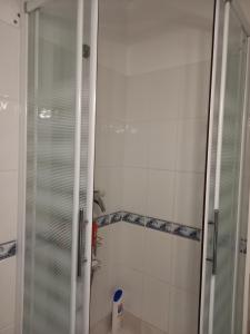 a shower with a glass door in a bathroom at Maison au pin in Narbonne-Plage