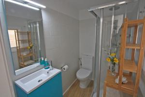 ein Badezimmer mit Toilette, Waschbecken und Dusche in der Unterkunft Marina 48 Seafront Apartment in Port de Sóller