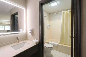 a bathroom with a sink and a toilet and a mirror at Paragon Inn Hillsboro in Hillsboro