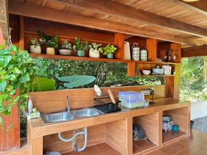a kitchen with a sink and a counter with plants at Wang Namthip Hotel in Muang Fuang