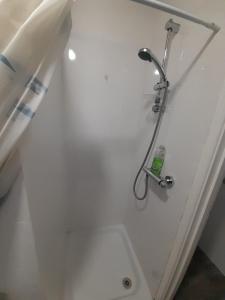 a shower stall with a shower head on a wall at Canton Principality Stadium Studio Flat in Cardiff