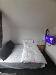 a small bedroom with a bed and a tv at Canton Principality Stadium Studio Flat in Cardiff
