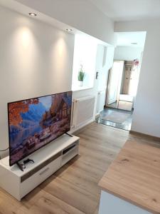 een woonkamer met een grote flatscreen-tv aan de muur bij Apartament w Słupcu na Radkowskiej in Nowa Ruda